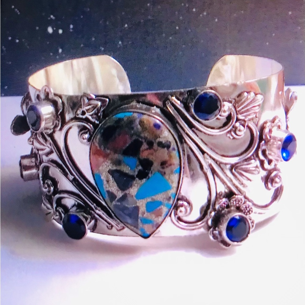 Oyster Copper Turquoise Blue Topaz Stamped 925 Sterling Silver Cuff Bracelet